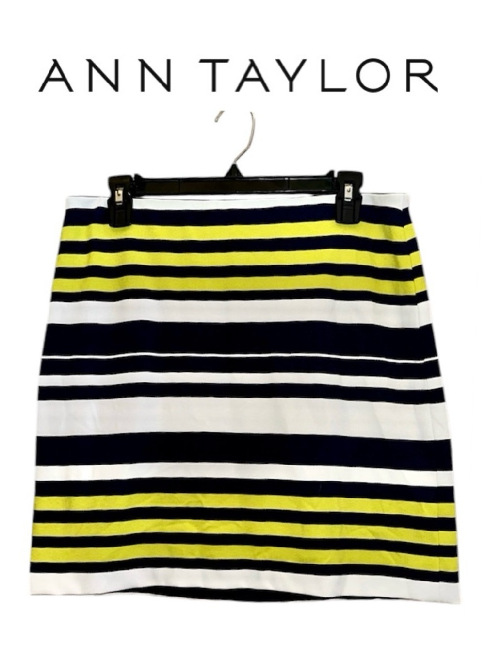 ANN TAYLOR Navy Lime Green Horizontal Stripe Skirt Stretch Straight Petite 10